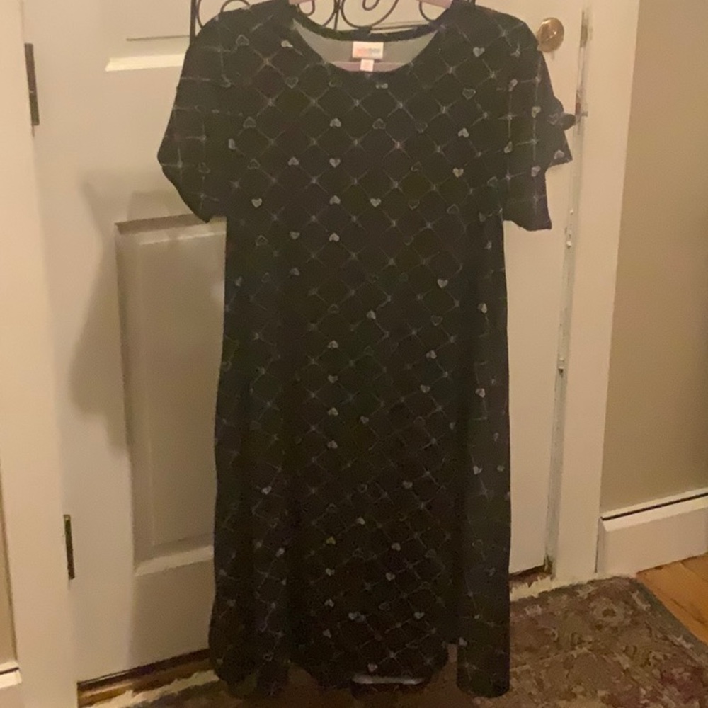 LuLaRoe Jessie swing dress, black w/red and white hearts, medium, pockets!